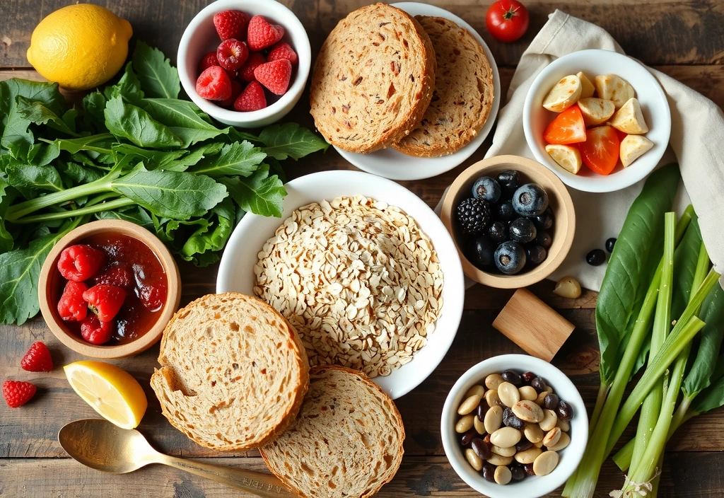Alimenti ricchi di fibre su un tavolo di legno