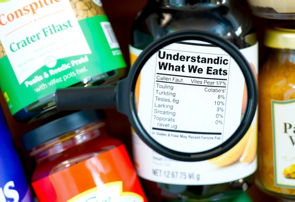 Etichette nutrizionali su prodotti alimentari con una lente d'ingrandimento